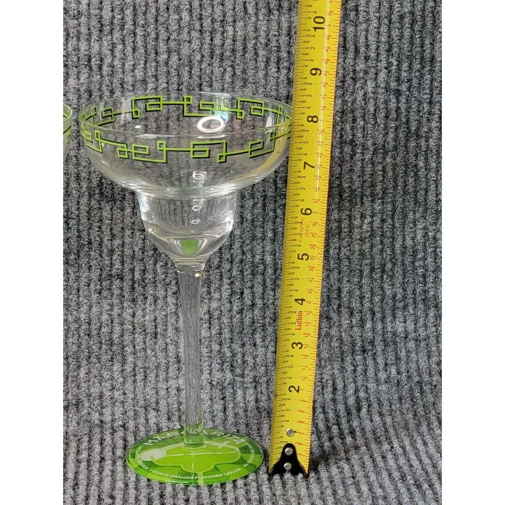 Set of 4 Margarita Glasses‎ Green Greek Key Rim Recipe Base Barware Stemware